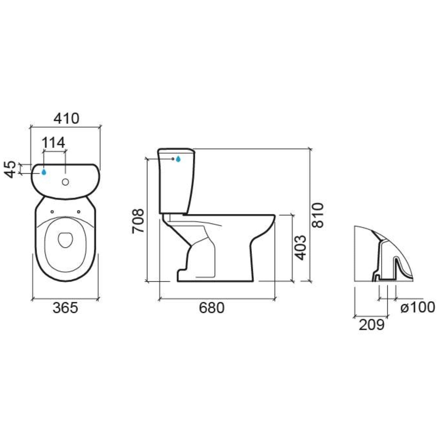 Desenho técnico com as dimensões e medidas do pack sanita Sanindusa Luxor.