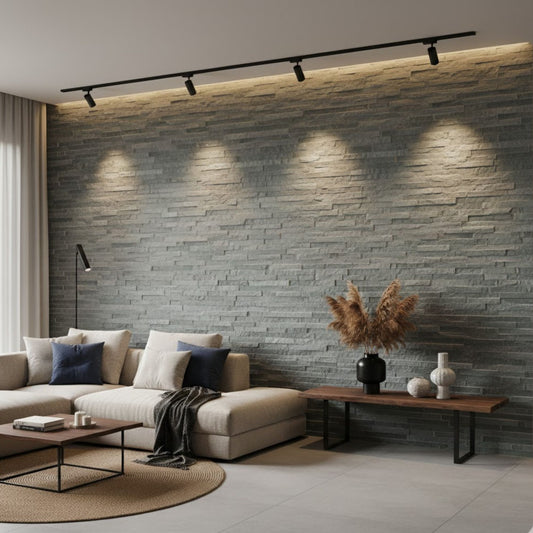 Revestimento cerâmico 17x52 cm ERICE gris 1ª Pamesa num ambiente de sala