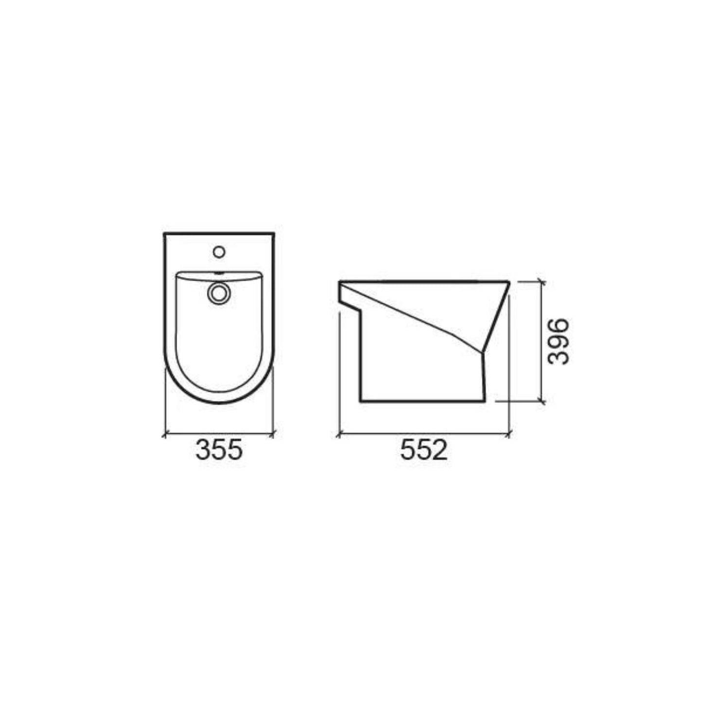 Desenho técnico do bidé Sanindusa Urb.Y com medidas detalhadas de 552x355x396mm.