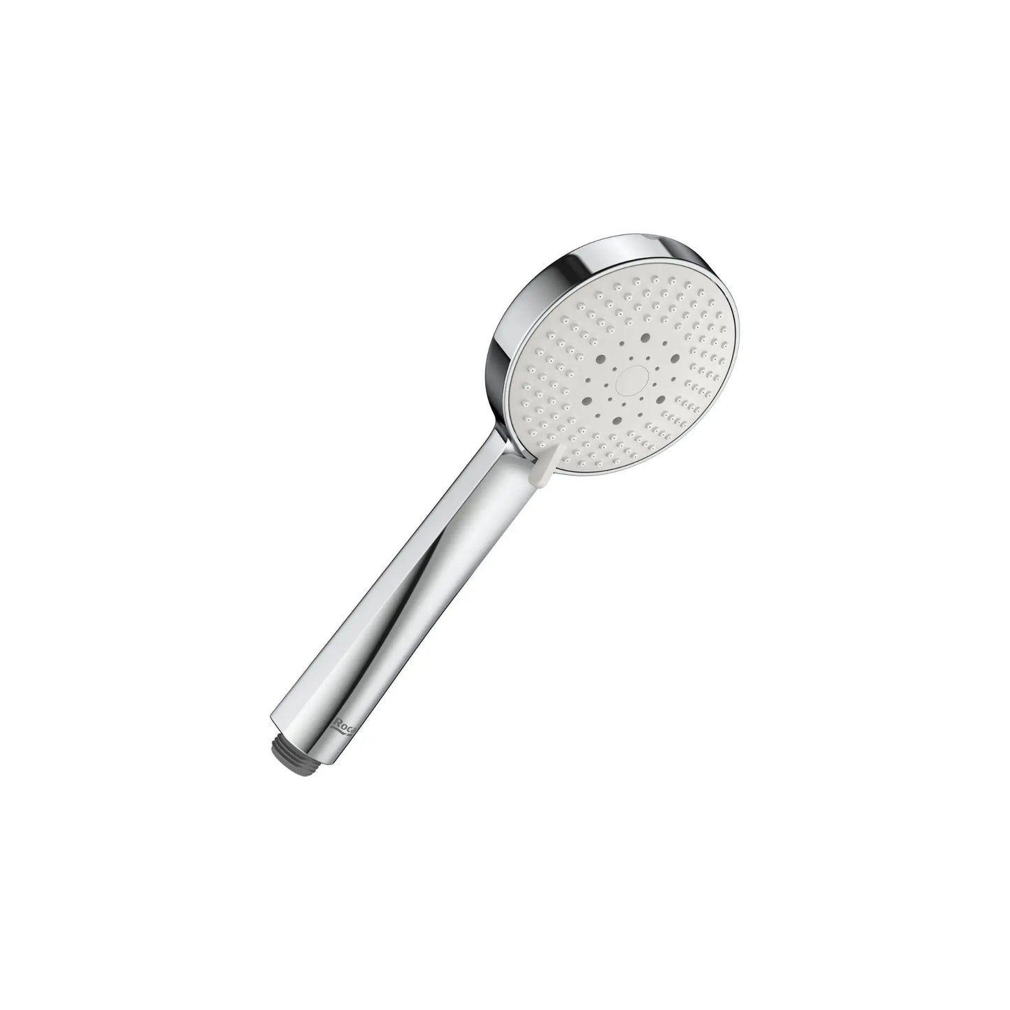 alt='Chuveiro de mão Roca Stella com 100mm de diâmetro, 3 funções e acabamento cromado.'