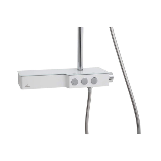 Detalhe do painel de controlo Easy Touch com botões de pressão e prateleira branca integrada.