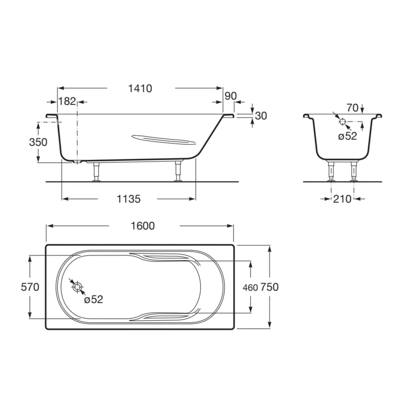 alt='Desenho técnico com as medidas da banheira Roca Genova, indicando 1600mm de comprimento e 750mm de largura.'