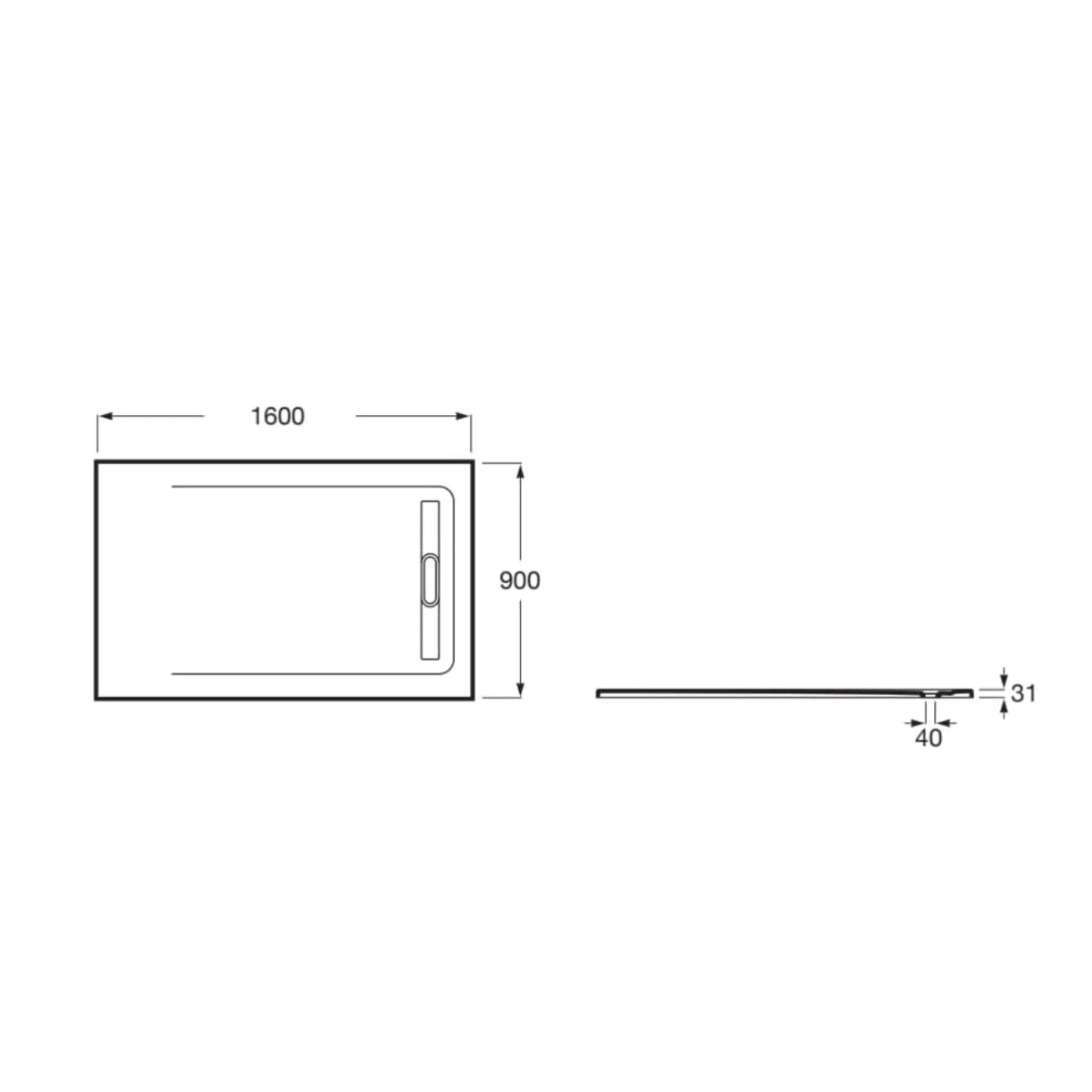 alt='Desenho técnico com as medidas da base de duche Roca Stonex, mostrando as dimensões de 1600mm por 900mm.'