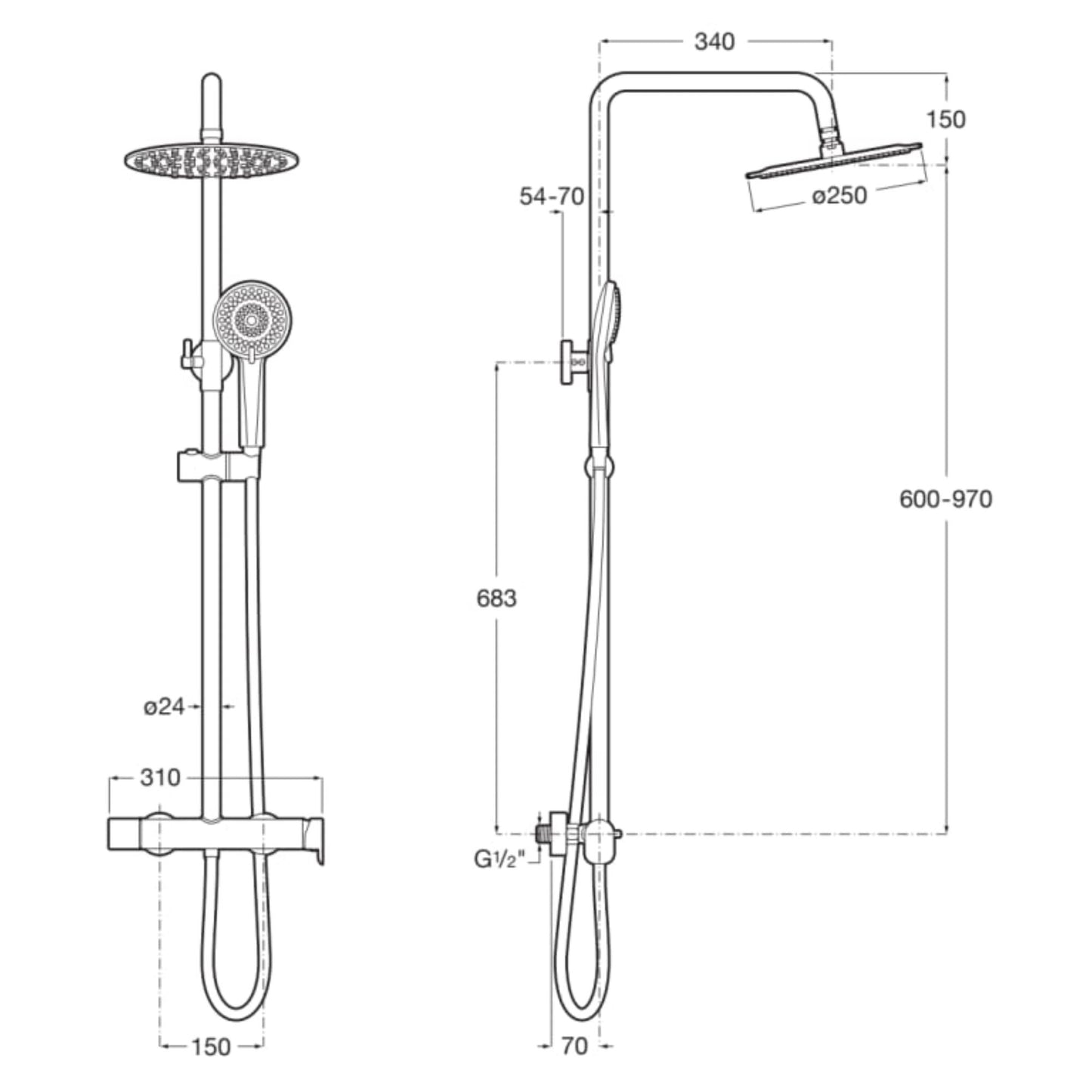 Desenho técnico com as dimensões da coluna de duche VEGA PLUS round, incluindo medidas de altura, largura e diâmetro.