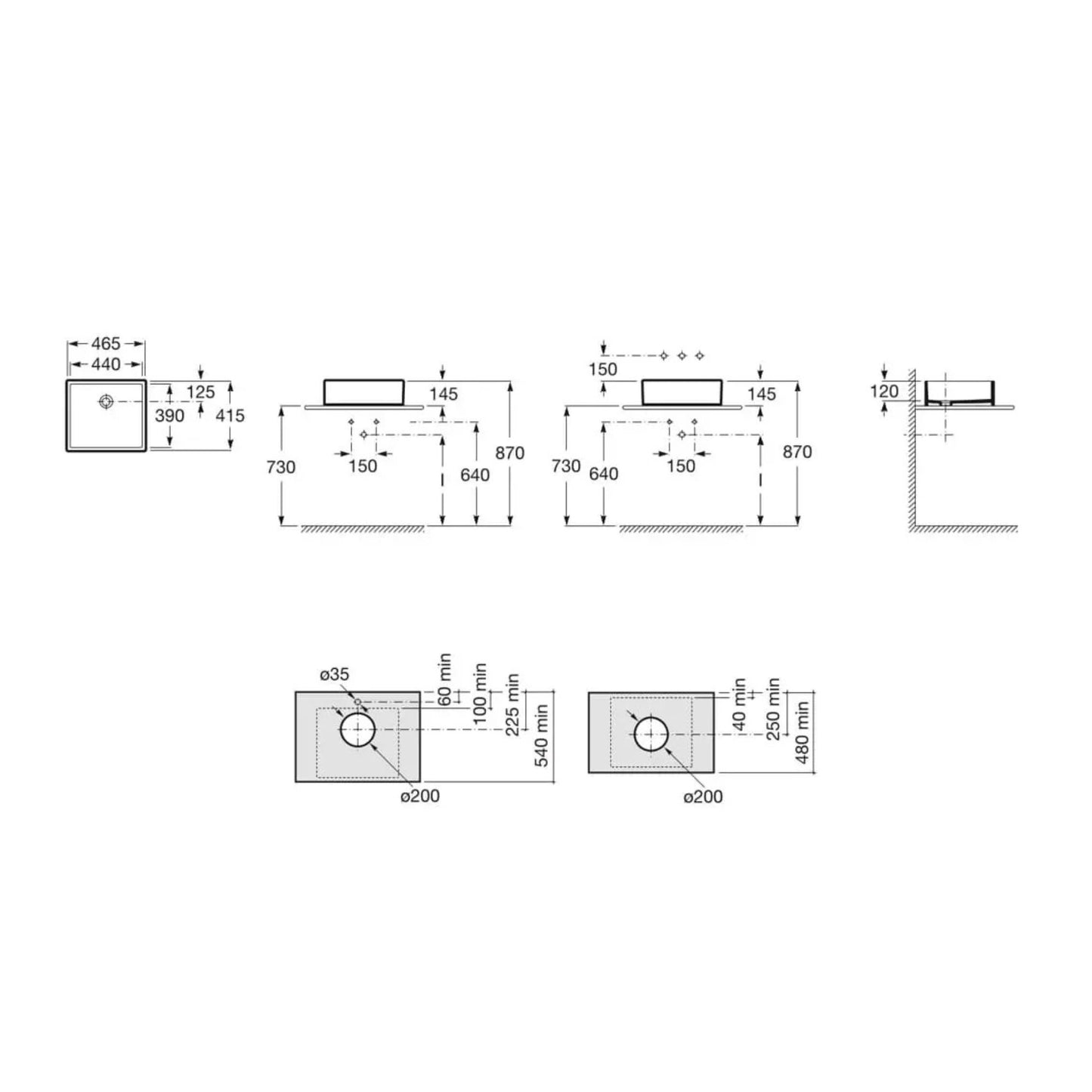 Desenho técnico com especificações e dimensões do Lavatório de Bancada Roca Sofia 46 cm