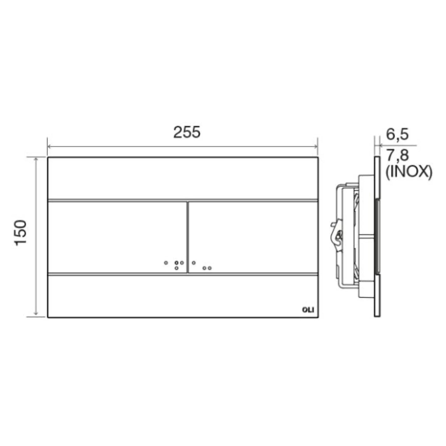 alt='Desenho técnico com as dimensões da placa de comando OLI Slim de 255 por 150 milímetros.'
