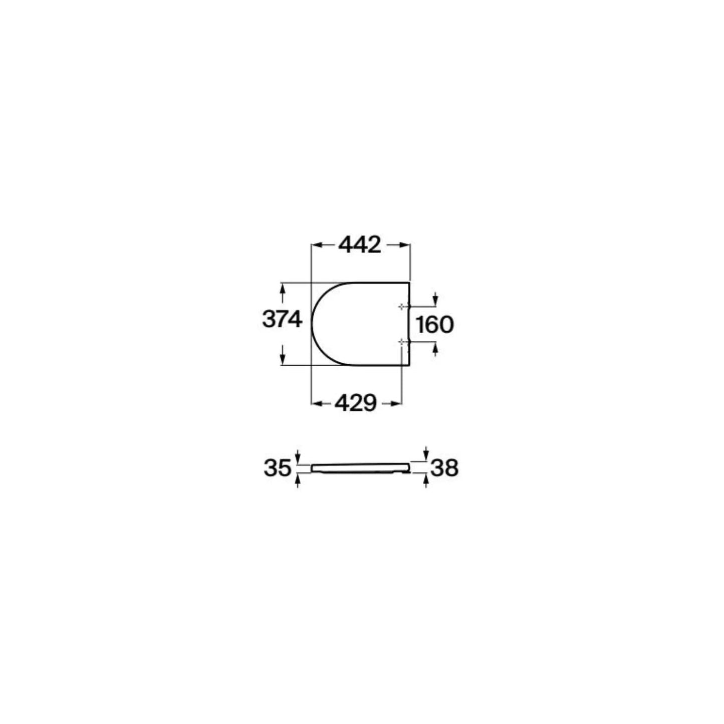 alt='Desenho técnico com as medidas da tampa de sanita Roca Inspira Round, indicando 442mm de comprimento e 374mm de largura.'