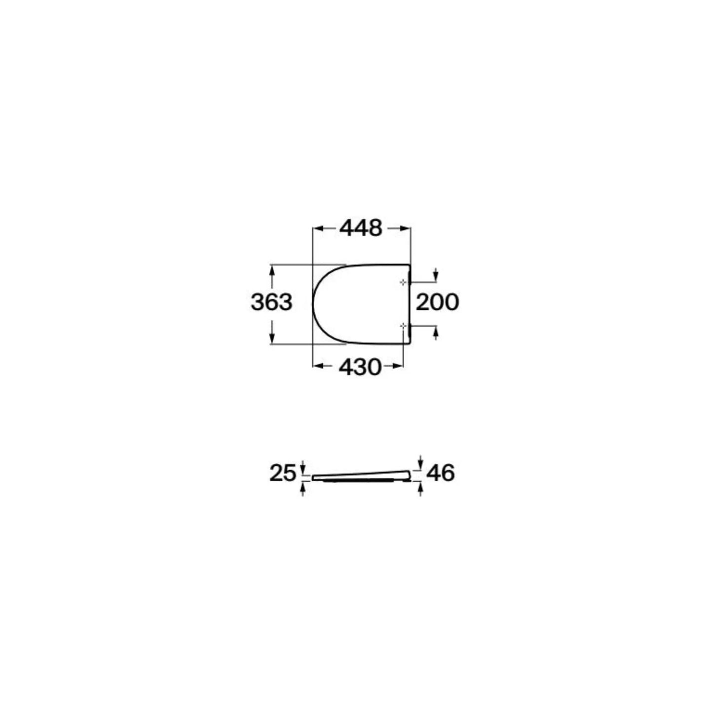alt='Desenho técnico com as medidas do tampo de sanita Roca Ona, indicando 448mm de comprimento e 363mm de largura.'