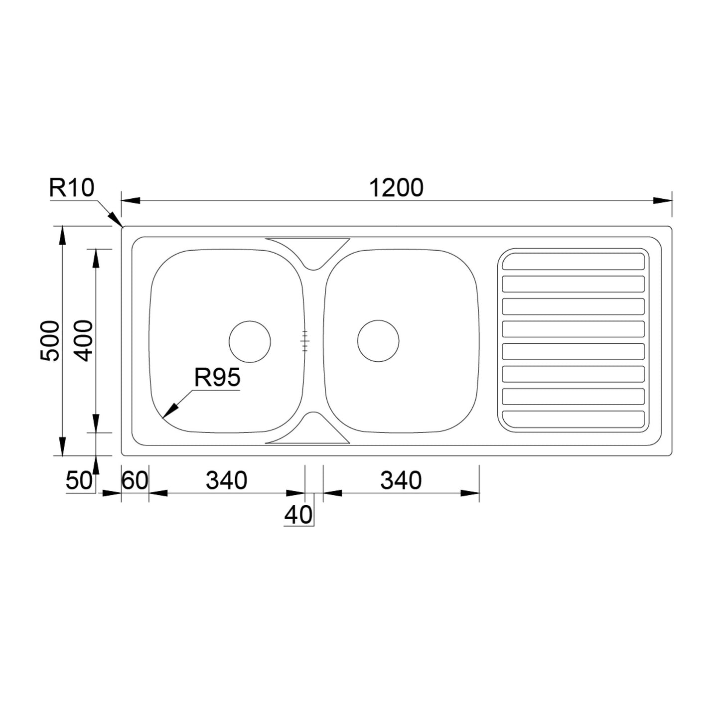 Desenho técnico com medidas do lava-louça Okio Line 1200x500mm com duas cubas de 340mm.