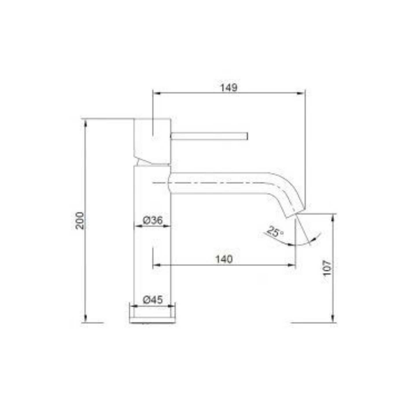 Desenho técnico da Torneira Lavatório Monza Black Gun Metal, mostrando altura total de 200 mm e alcance de 140 mm