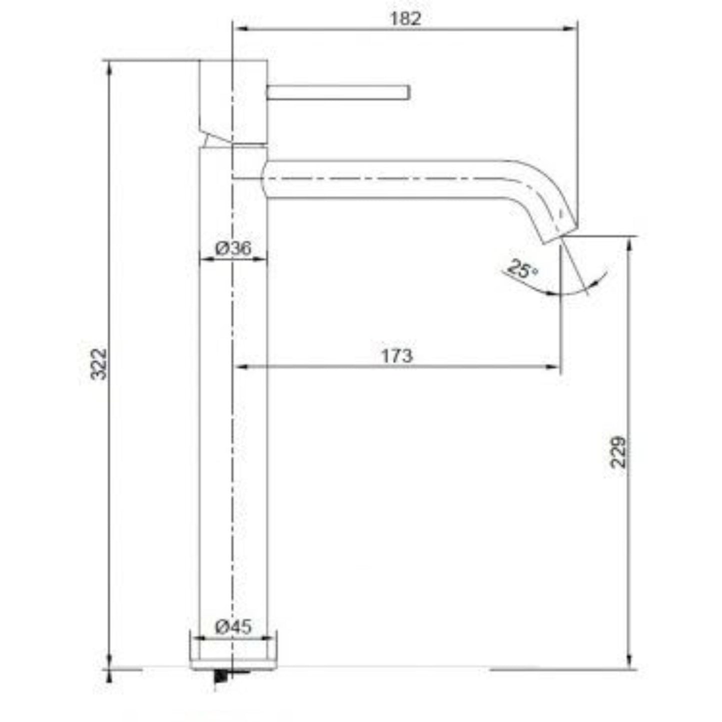 Desenho técnico da Torneira Lavatório Monza Ouro Rosa Mate, mostrando altura total de 322 mm e alcance de 173 mm