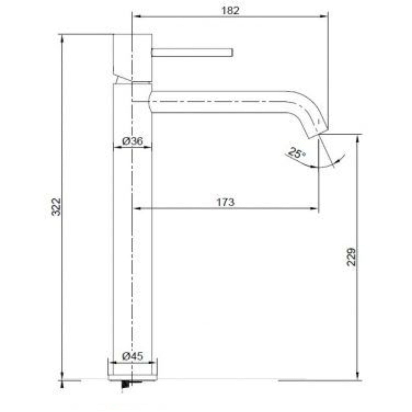Desenho técnico da Torneira Lavatório Monza Preto Mate, mostrando altura total de 322 mm e alcance de 173 mm