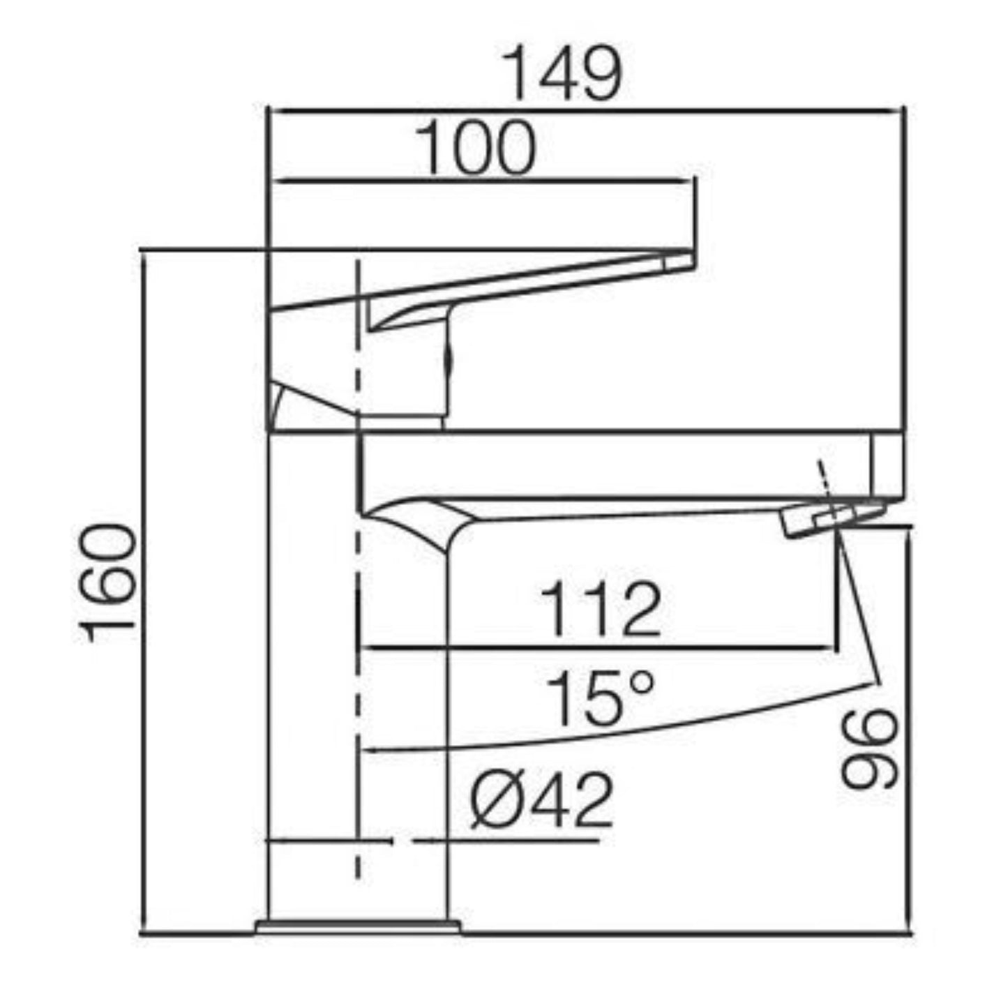 Desenho técnico da Torneira Lavatório Teide Cromada, mostrando altura de 160 mm e alcance de 112 mm