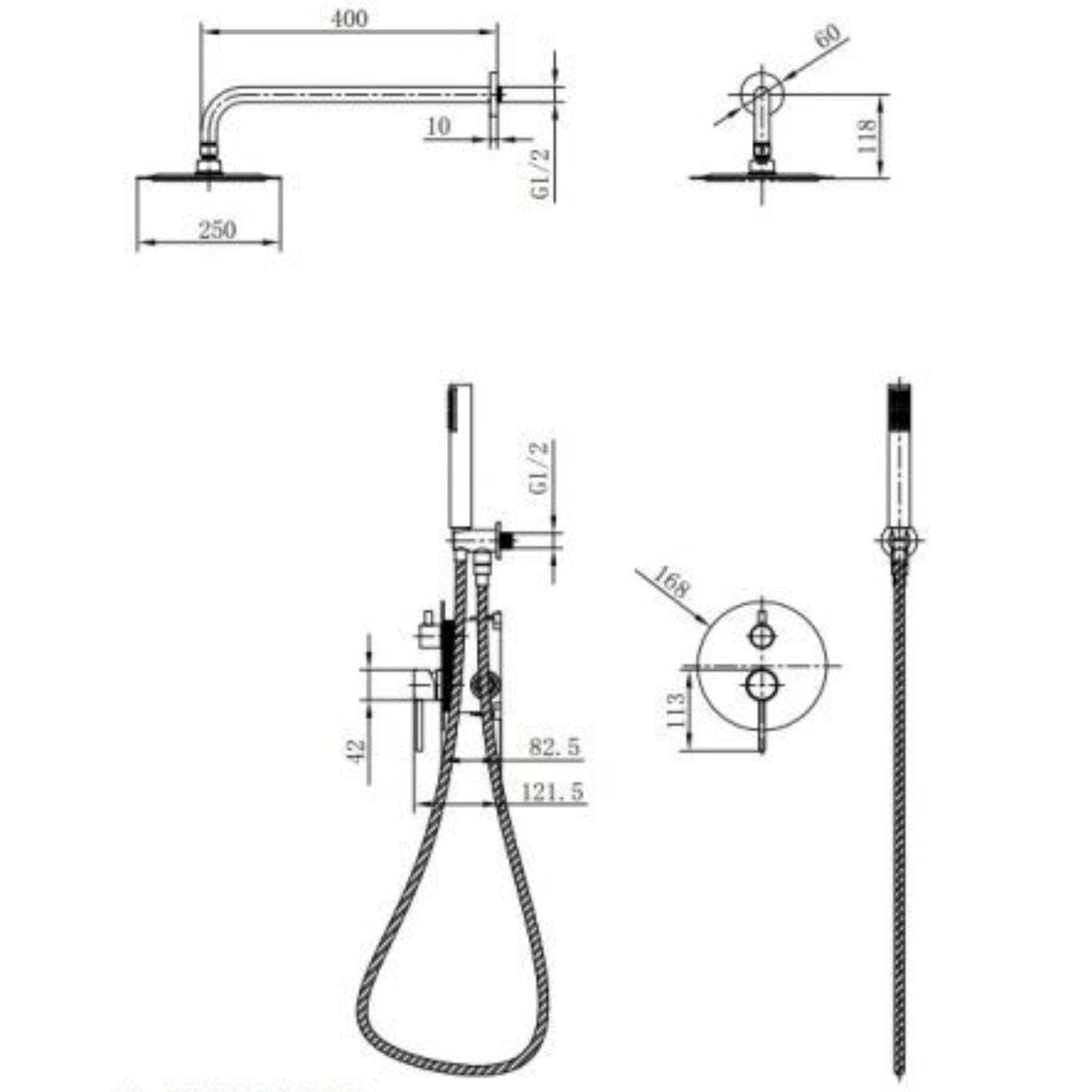 Desenho técnico e esquema de dimensões do Conjunto de Duche Monza Imex (Chuveiro teto 250mm, Braço 400mm)
