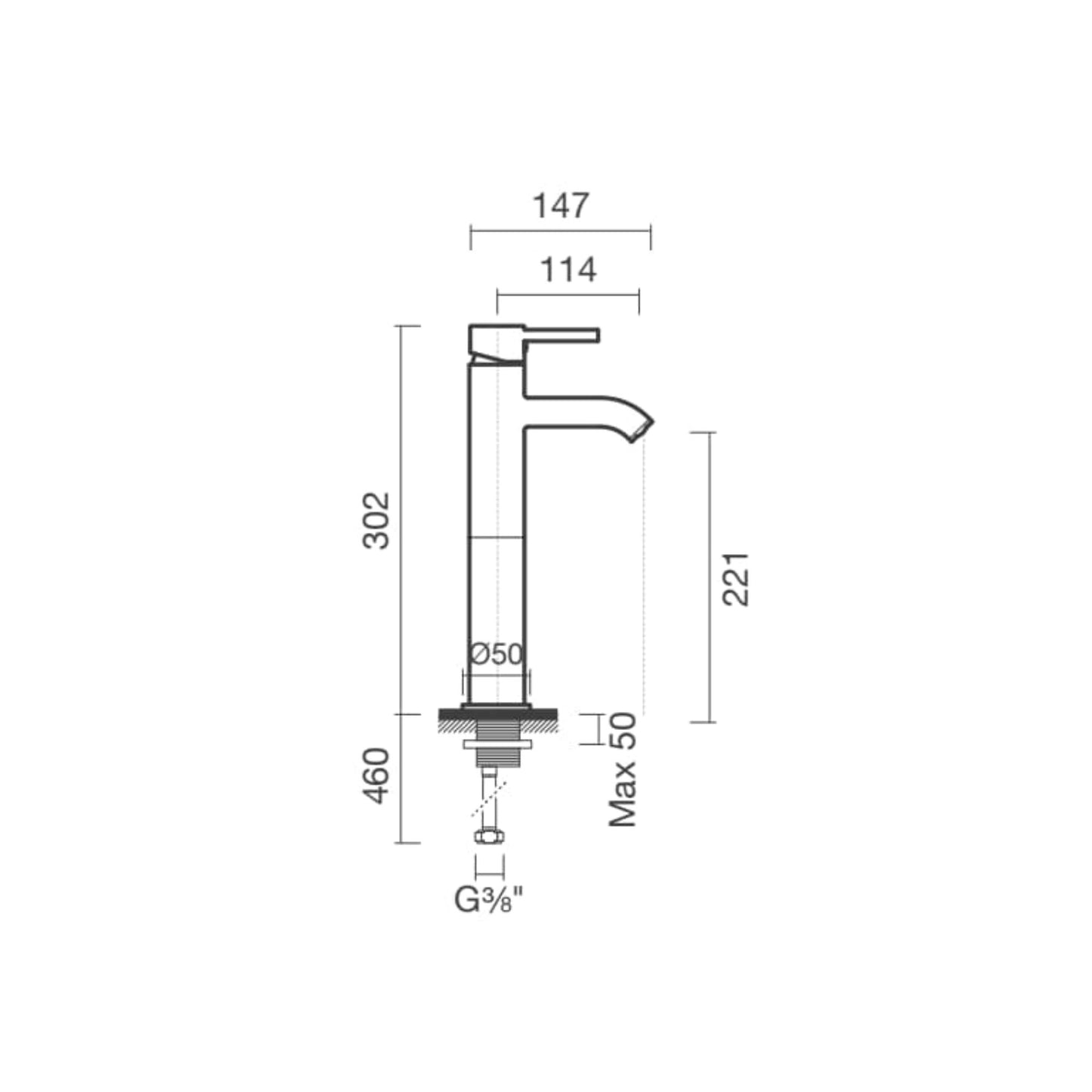 Diagrama de dimensões técnicas da torneira de lavatório alta Sanitana BLOOM