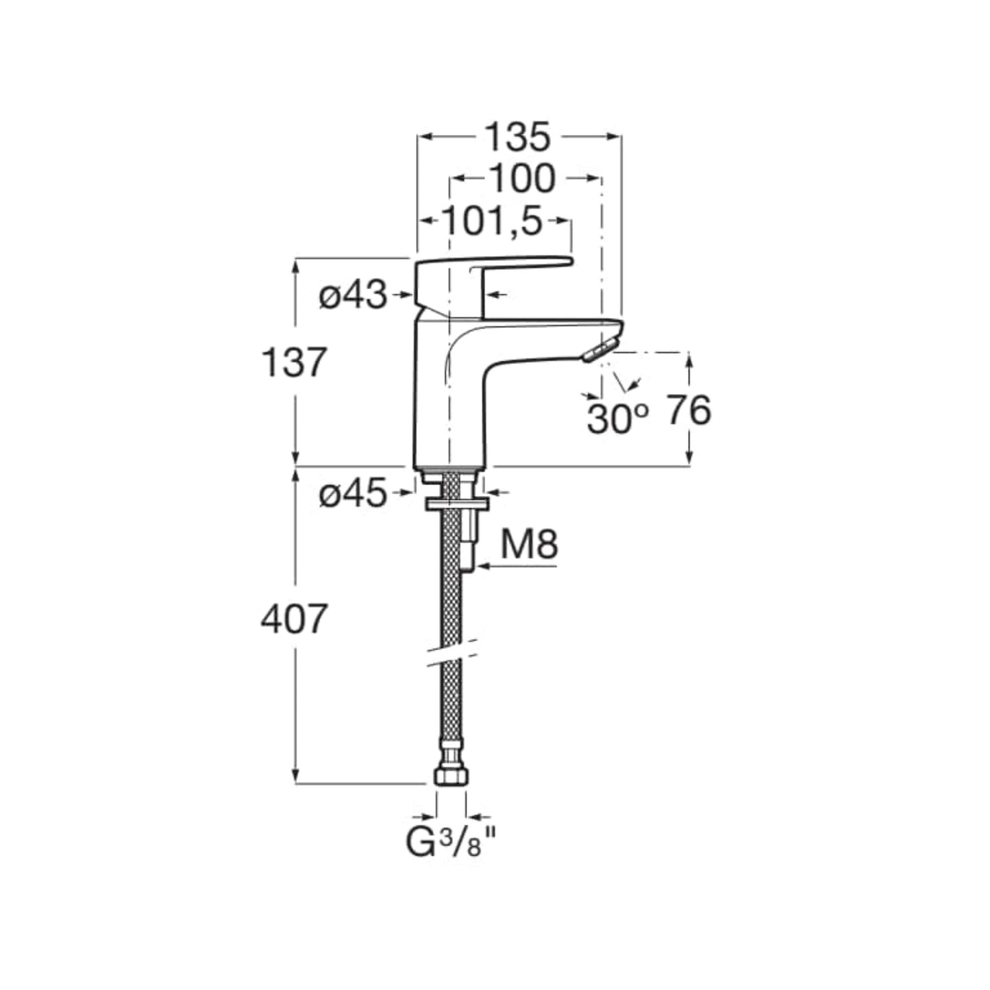 Diagrama de dimensões técnicas da torneira de lavatório Roca VICTORIA PLUS