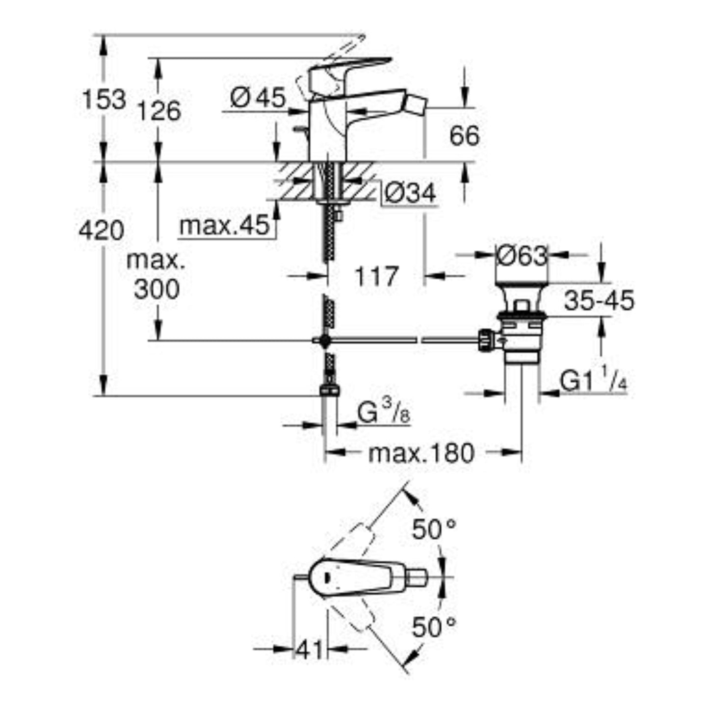 Esquema técnico com as dimensões e especificações de instalação da torneira de bidé Grohe BauEdge (Altura 153mm).