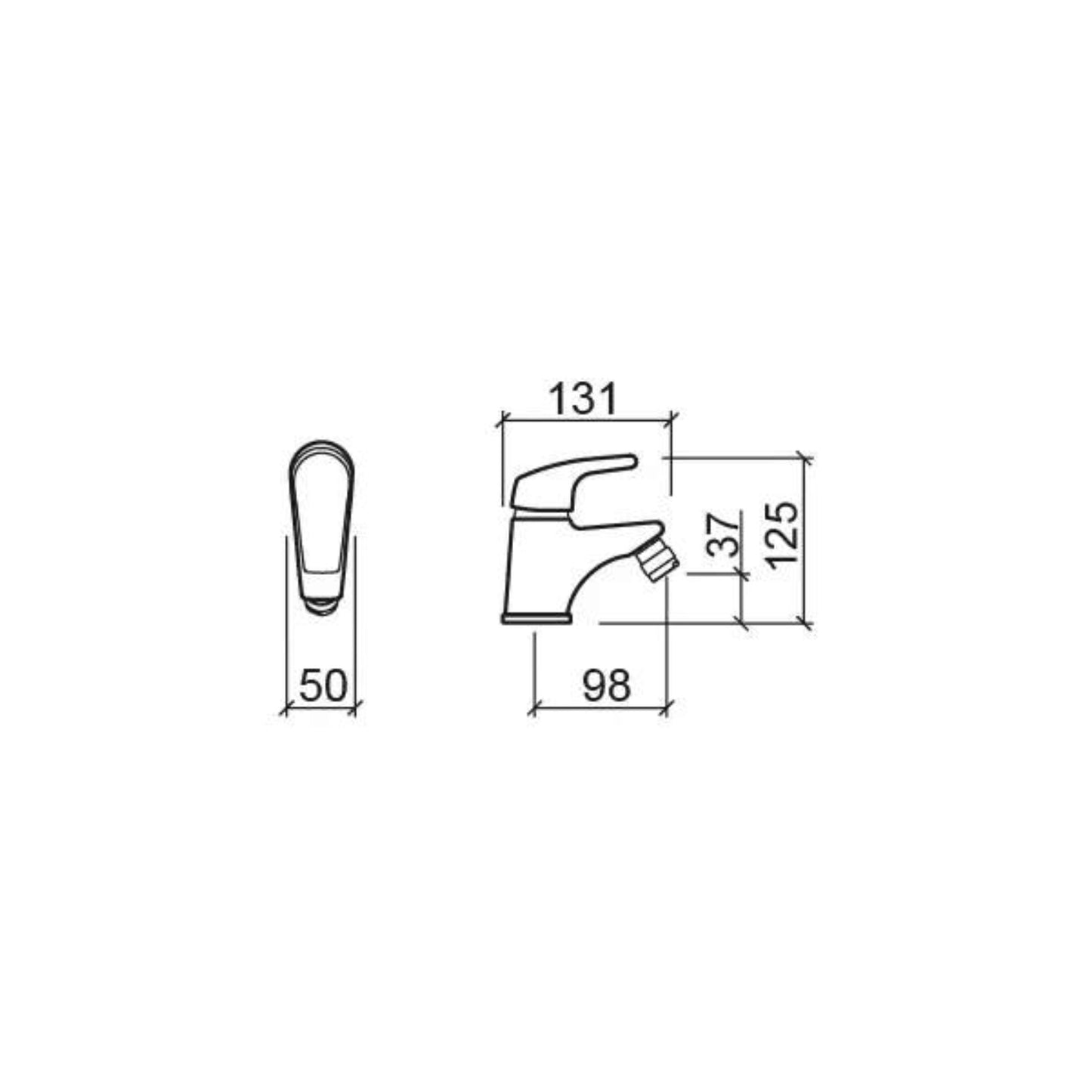 Esquema técnico com as dimensões da torneira de bidé Sanindusa Easy (Altura 125mm, Projeção 98mm).