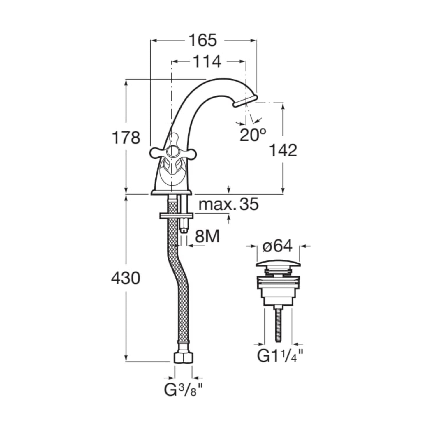 Desenho técnico com as dimensões da torneira Roca Carmen bica alta: altura 178mm, projeção 114mm e válvula G1 1/4.