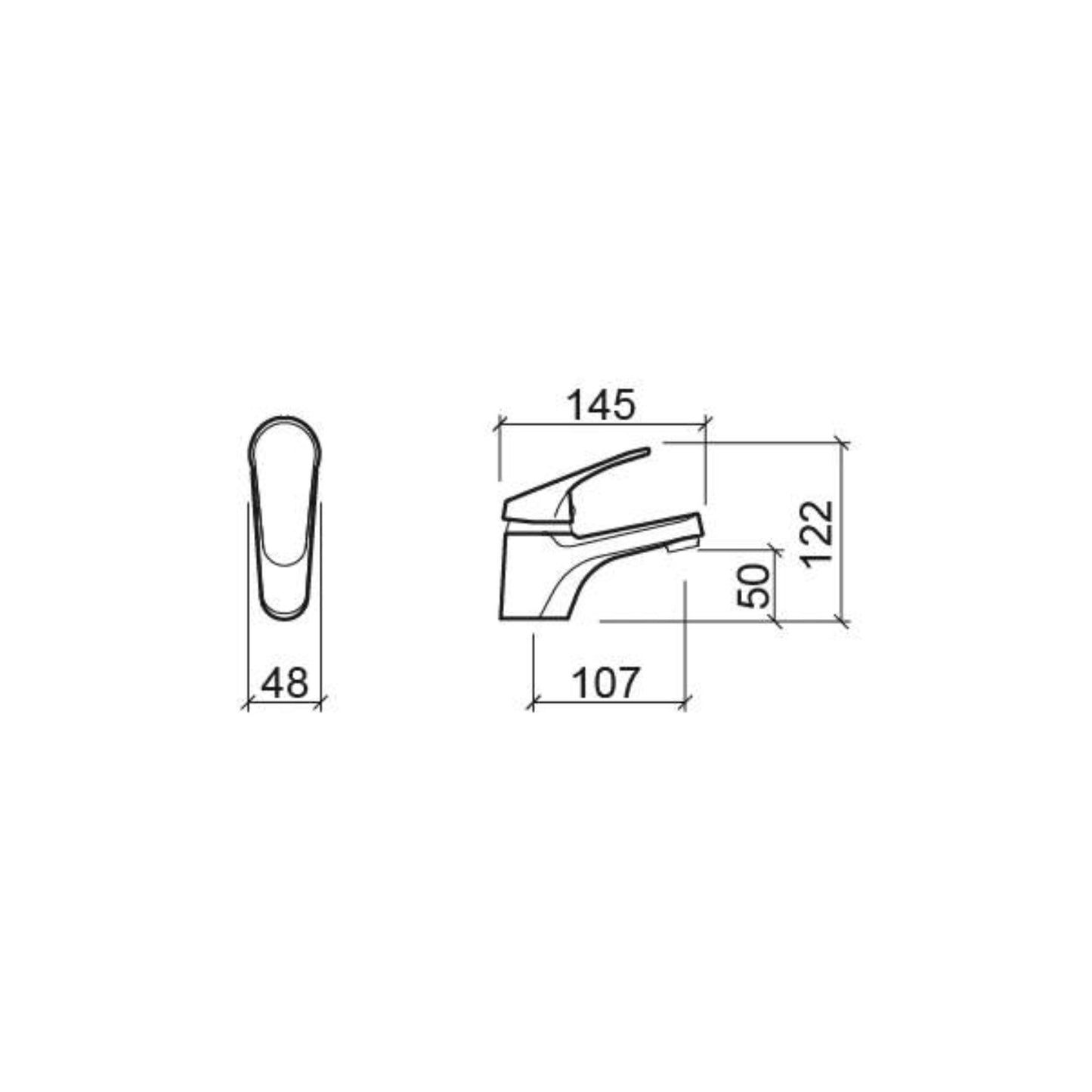 Esquema técnico com as dimensões da torneira de lavatório Sanindusa Cetus Basic: 122mm de altura e 107mm de projeção.