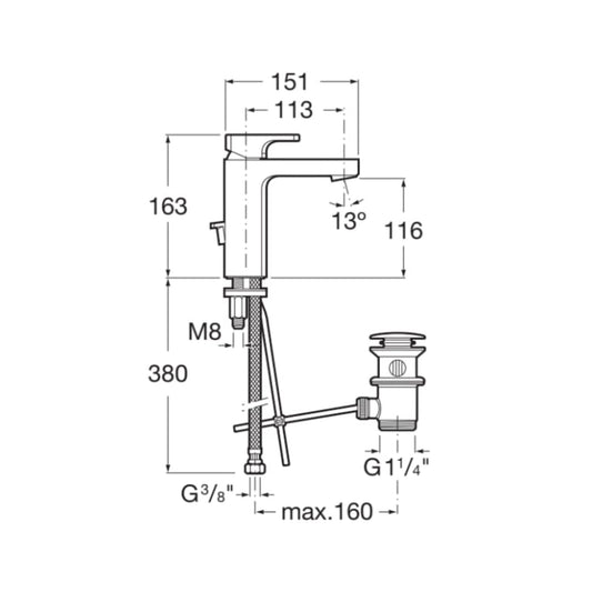 Desenho técnico com as dimensões da torneira Roca L90: altura 163mm, projeção 116mm e válvula de escoamento G1 1/4.