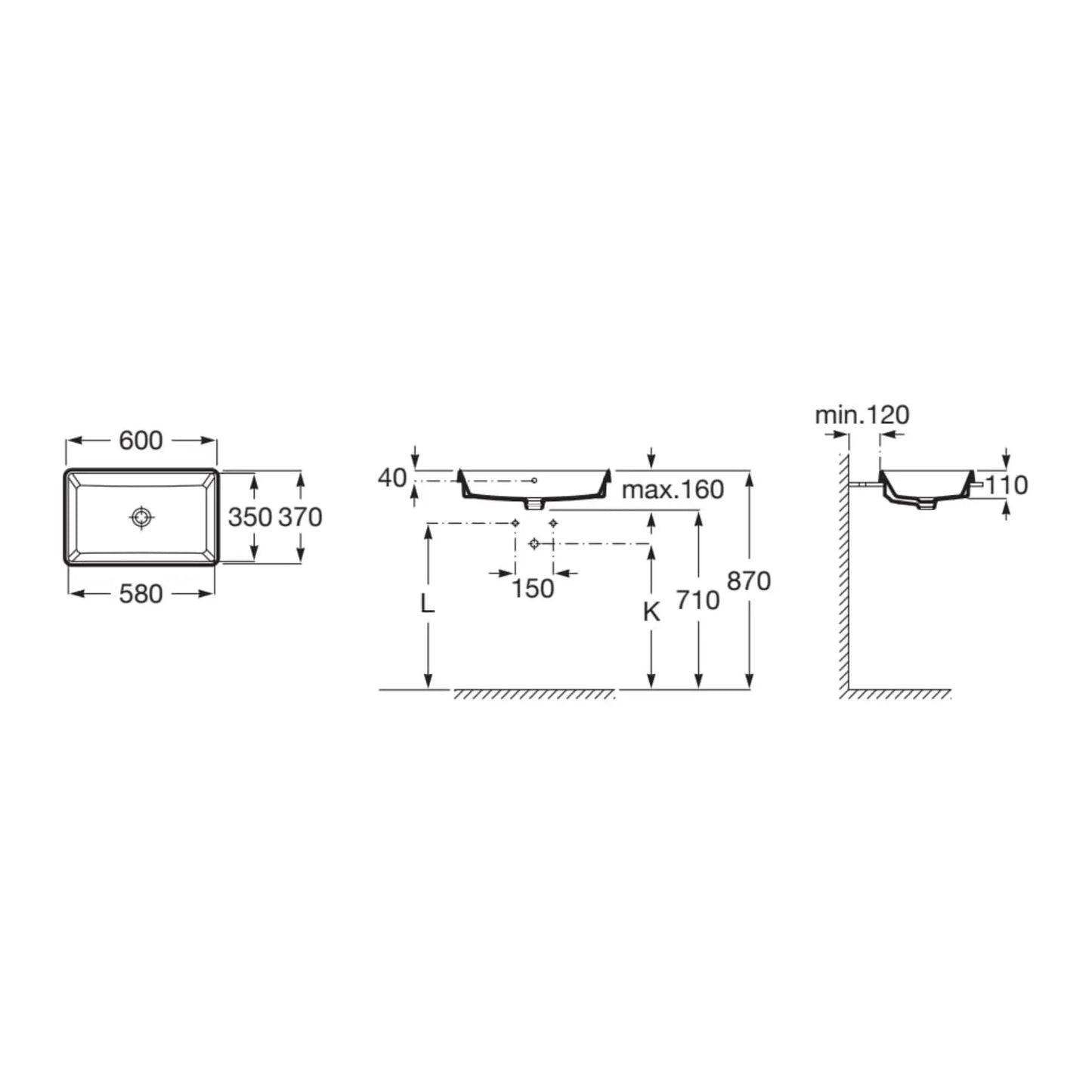alt='Desenho técnico do lavatório de encastrar Roca The Gap com as medidas detalhadas de 600x370mm.'