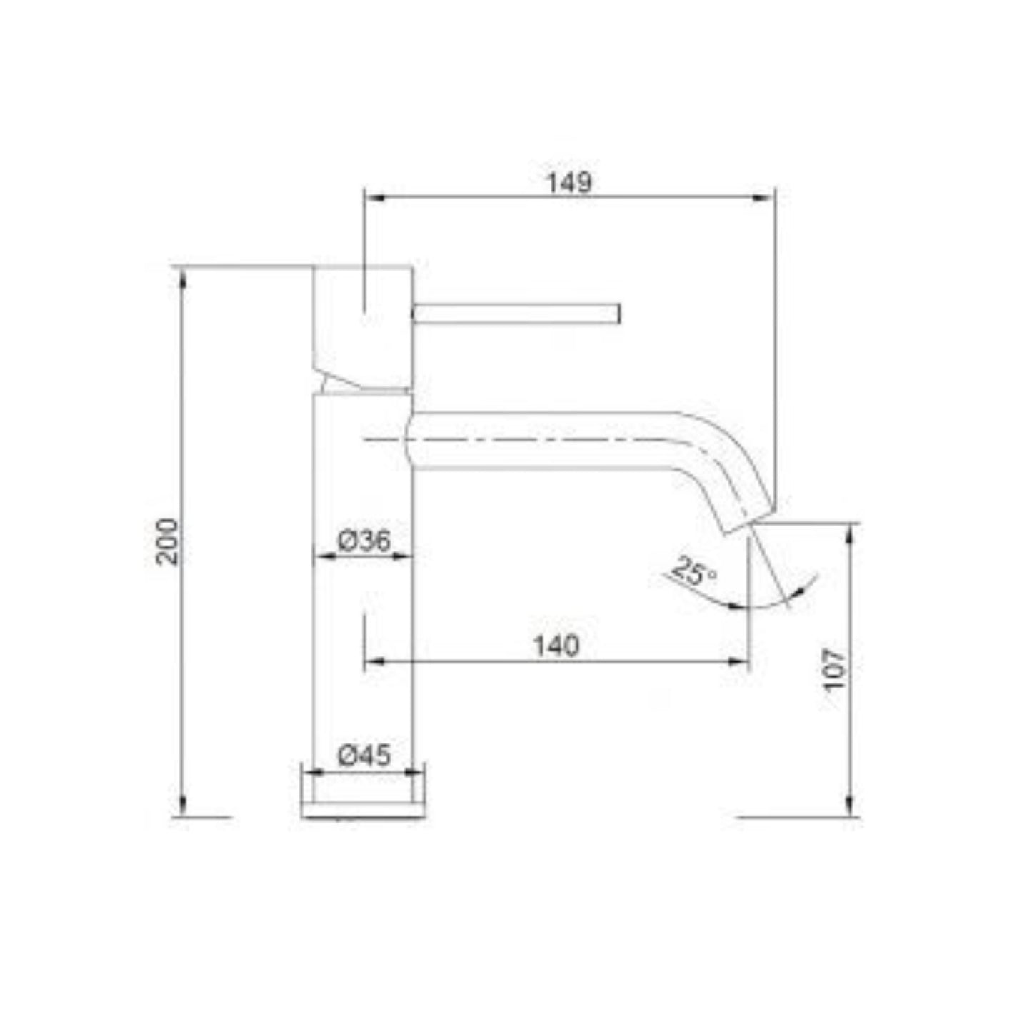 Esquema técnico com as dimensões da torneira de lavatório Monza preto mate (Altura 200mm, Projeção 140mm).