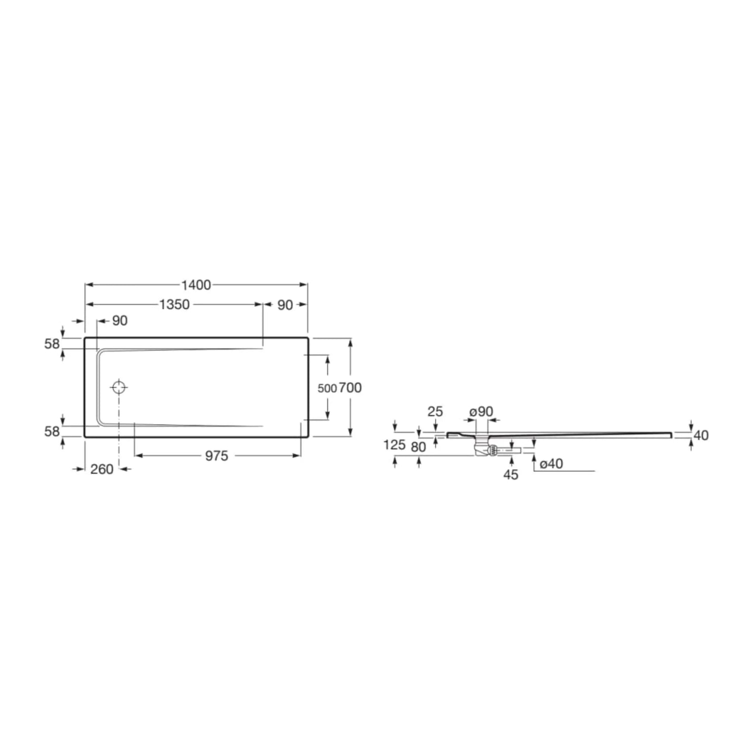 alt='Desenho técnico com as dimensões da base de duche extraplana Neo Daiquiri, indicando 140 cm de comprimento e 80 cm de largura.'