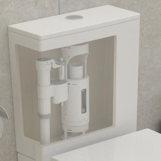 Tanque cerâmico em corte exibindo a instalação interna do mecanismo de descarga Sanitana SR1.