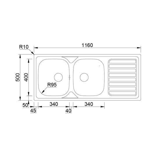 Diagrama com dimensões técnicas e medidas das cubas do lava-louça Rodi Okio Line 116.
