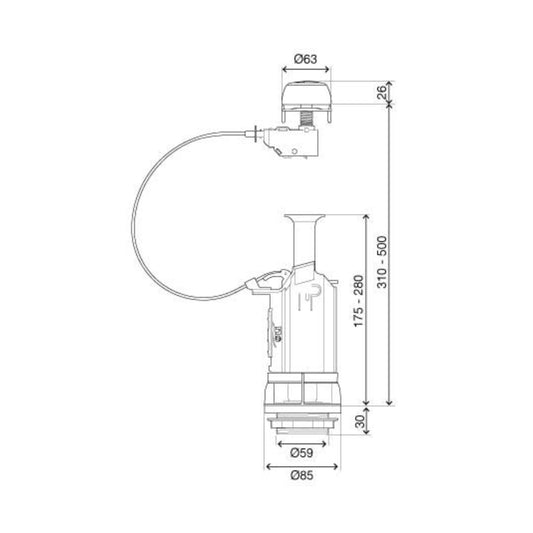 Esquema técnico com dimensões e diâmetros de instalação da válvula Atlas Cabos Oli.