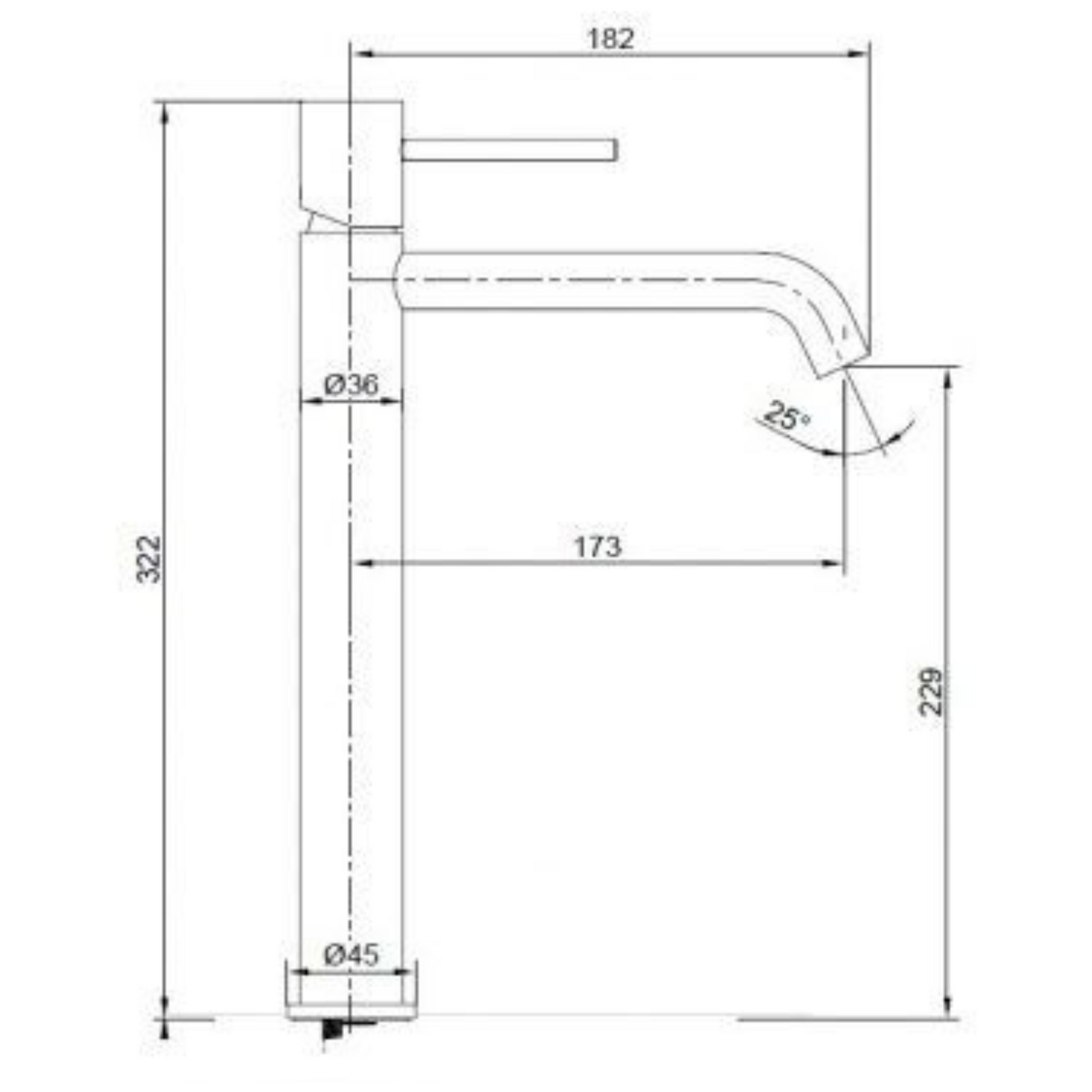 Desenho técnico da Torneira Lavatório Monza Black Gun Metal, mostrando altura total de 322 mm e alcance de 173 mm