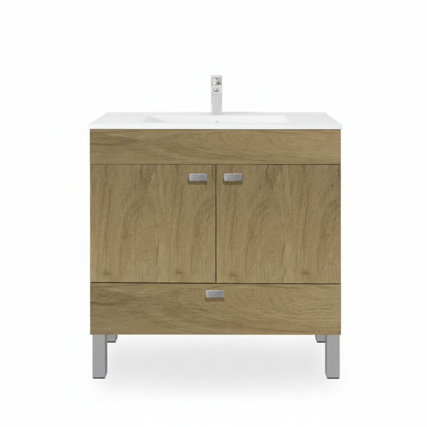 Vista frontal do móvel de casa de banho LISBOA 80cm Denver, mostrando as duas portas, a gaveta inferior e os pés metálicos.