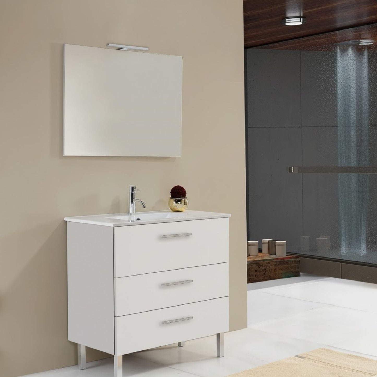 móvel branco com lavatório de 80 cm modelo Porto da Banhoazis disposto num ambiente