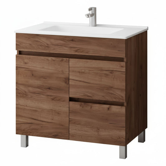 Móvel de Lavatório 80cm Duo Roble Tabaco com 1 porta e 2 gavetas, e lavatório cerâmico