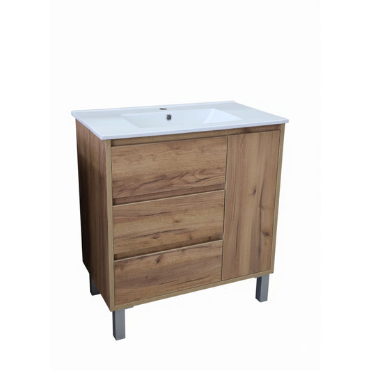 Móvel de casa de banho Menacho 80cm Verin Roble Ocre, vista isolada, com 3 gavetas e 1 porta, e pés em metal.