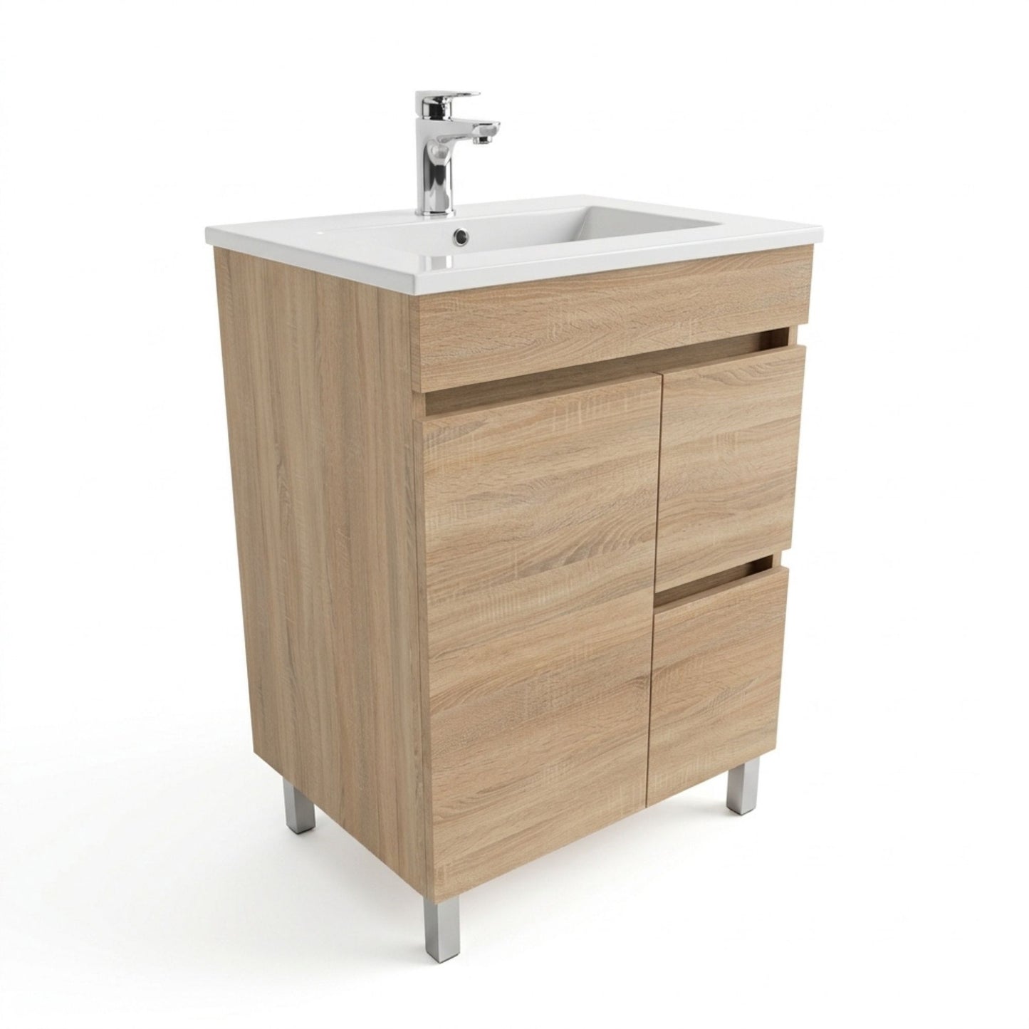 Móvel de casa de banho e lavatório Moovlux 60cm com acabamento em carvalho Braga Oak, vista frontal.