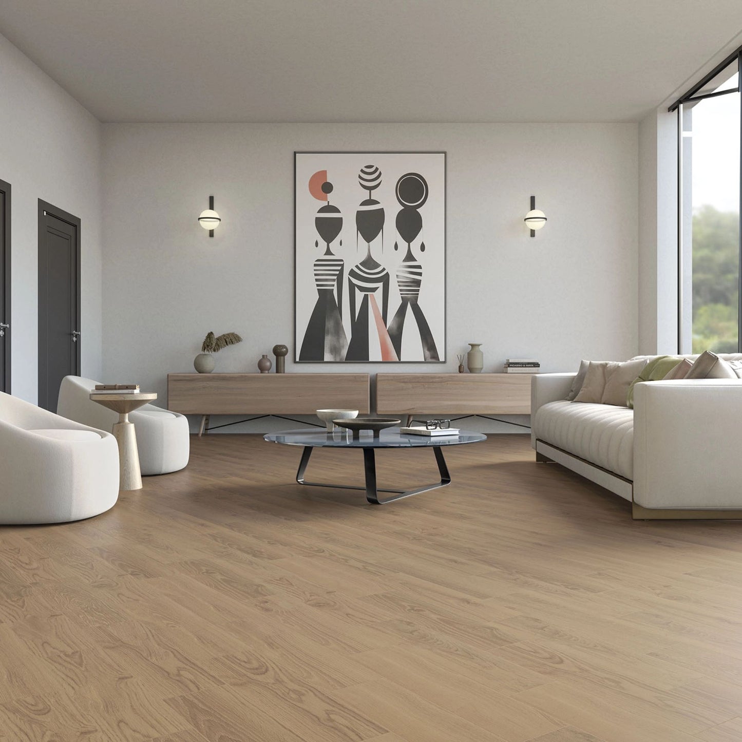 Pavimento cerâmico National Forest Roble 23,3x120cm aplicado numa sala de estar moderna