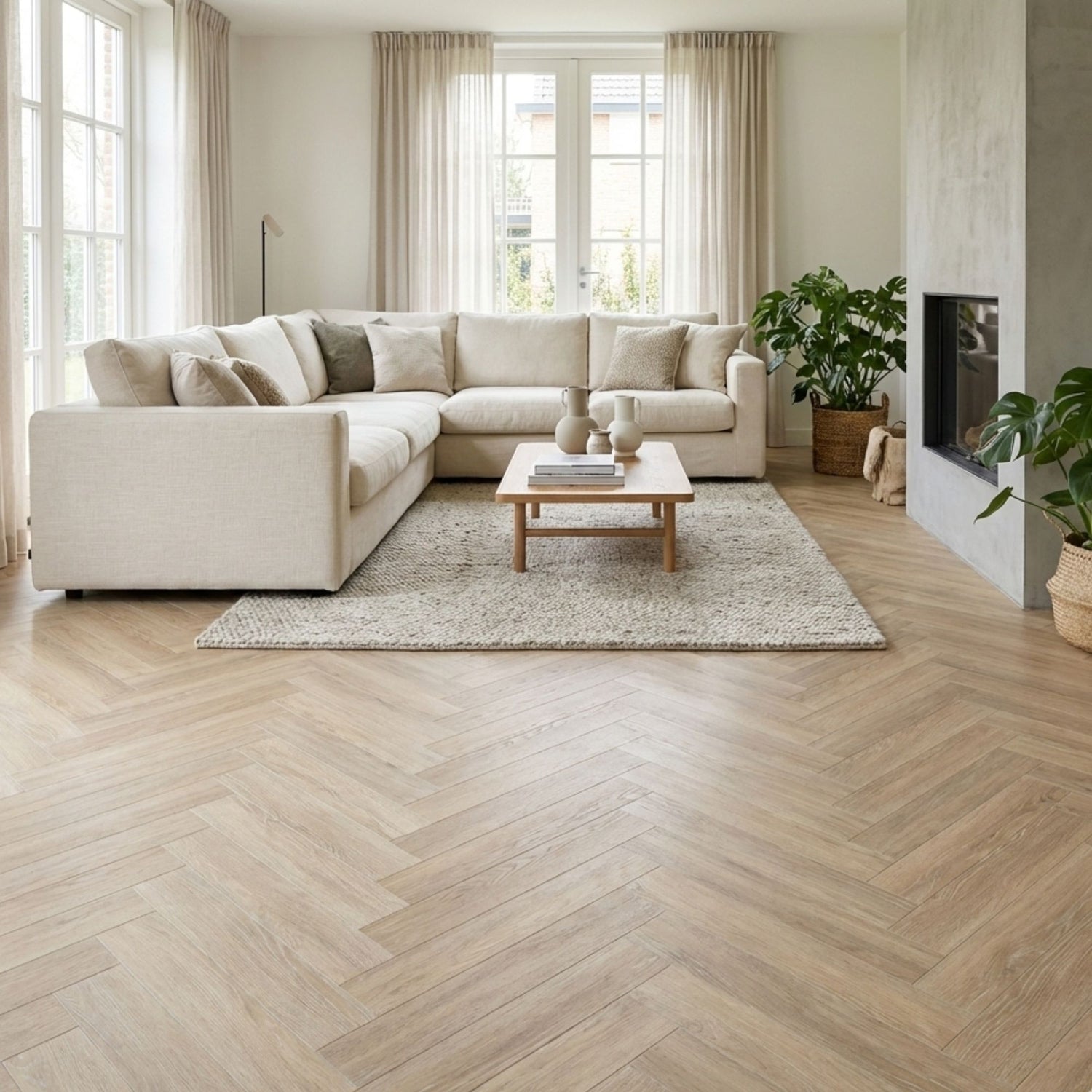 Sala de estar moderna decorada com pavimento cerâmico Pamesa Bosque Natura 15x90 cm efeito madeira aplicado em padrão espiga.