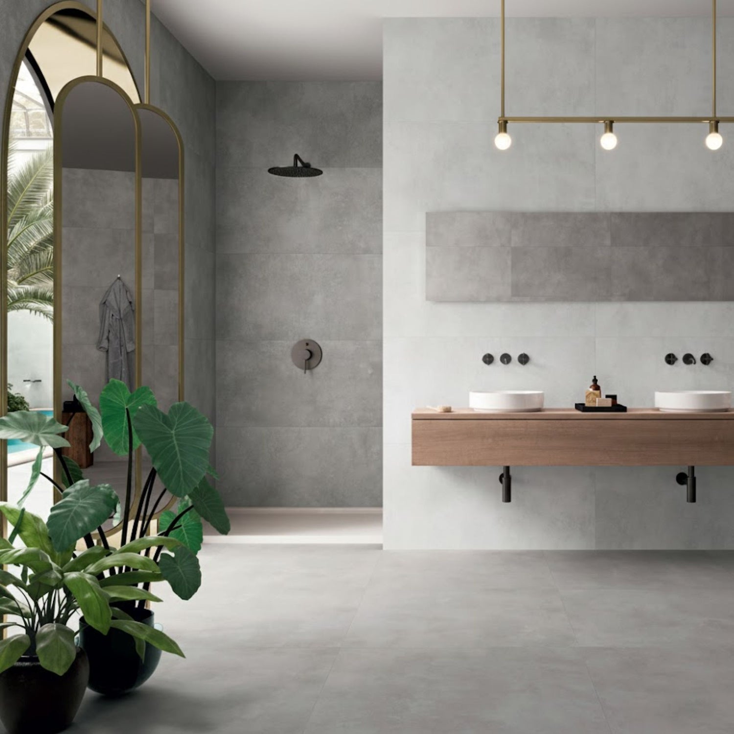 Casa de banho moderna e ampla com o pavimento cerâmico Pamesa Vita Gris 60x60 retificado aplicado no chão e na parede do duche.