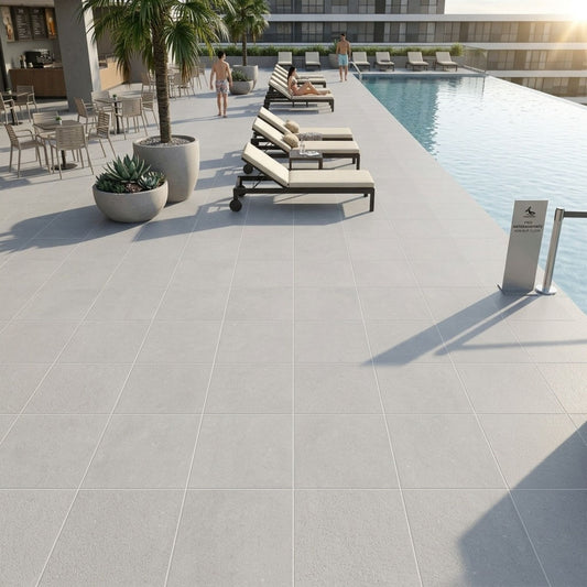 Área exterior de piscina revestida com pavimento cerâmico Recer Cosy Grey 60,8x60,8cm.
