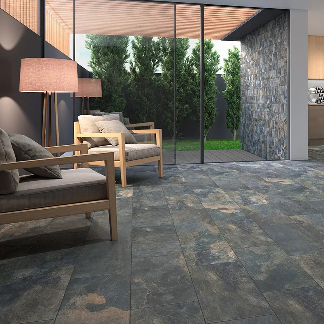 Alt tex: 'Sala de estar moderna com Pavimento Cerâmico SPLASH Slate Indian 30x60 cm.'