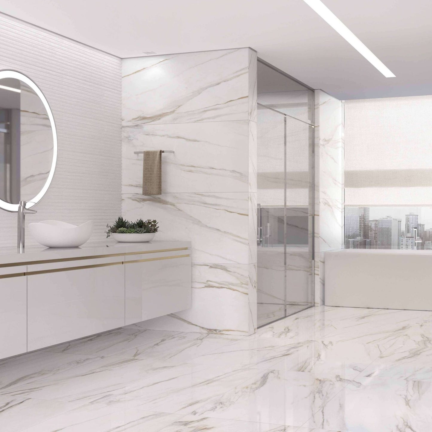 alt='Casa de banho de luxo com chão e paredes revestidas com porcelânico polido Roca Calacatta Gold 60x120cm.'