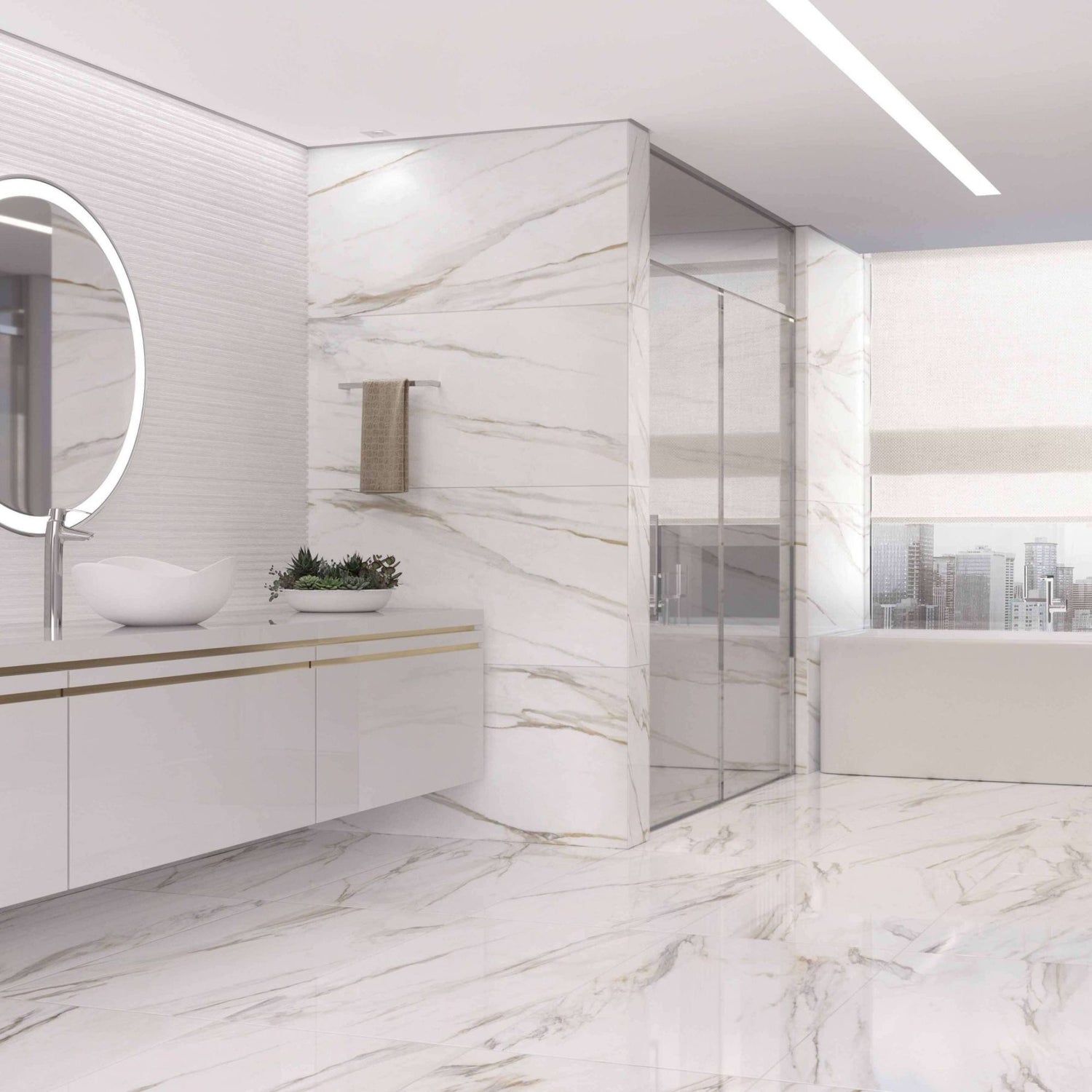 alt='Casa de banho de luxo com chão e paredes revestidas com porcelânico polido Roca Calacatta Gold 60x120cm.'