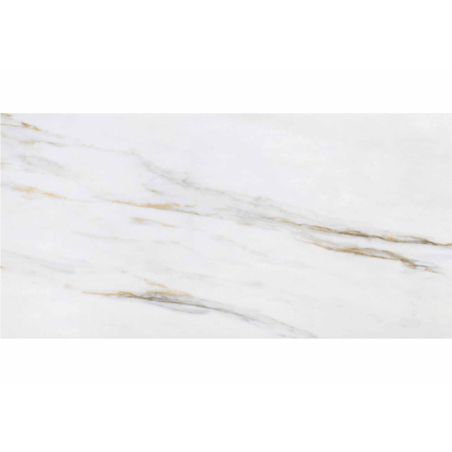 alt='Detalhe do porcelânico Roca Calacatta Gold, mostrando os veios dourados e cinzentos sobre o fundo branco polido.