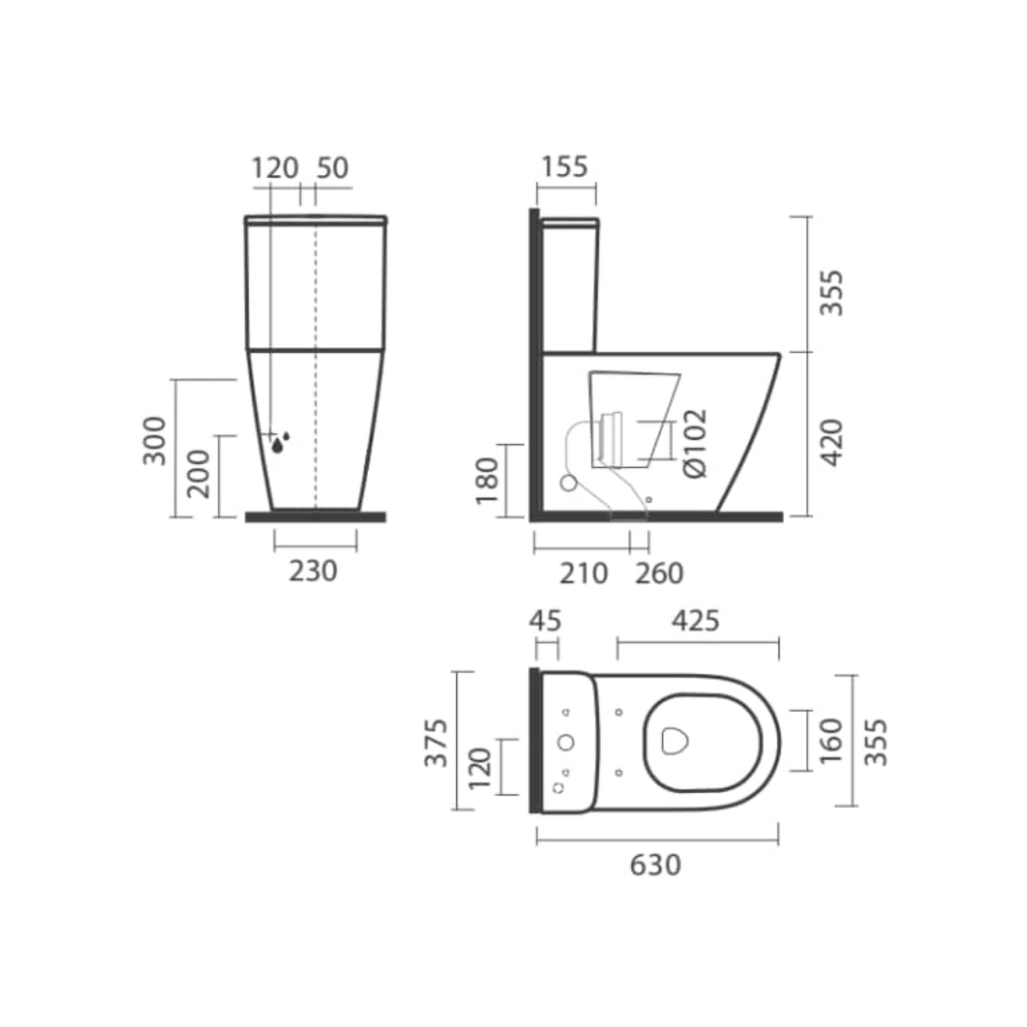 Desenho técnico com as cotas e dimensões da sanita back-to-wall Ruby Vortex, indicando 630 mm de profundidade.