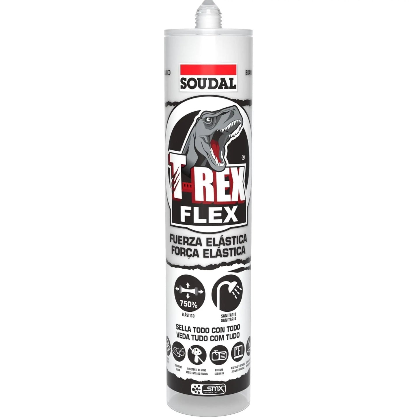 alt='Cartucho do selante e cola elástico Soudal T-REX Flex de 290ml na cor branca.'