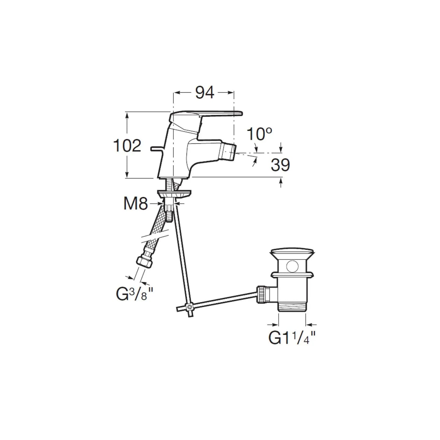 Desenho técnico de Torneira de bidé VICTORIA N cromada | A5A6025C00 | Roca