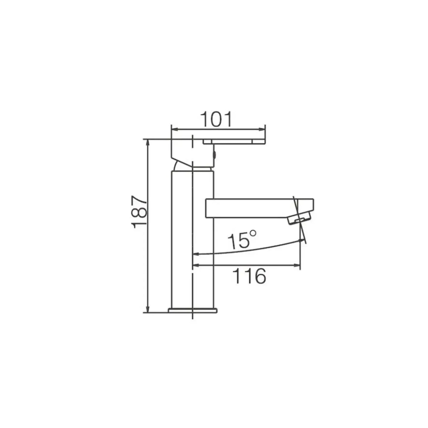 Desenho técnico da Torneira Lavatório Bristol Cromada, mostrando altura de 187 mm e alcance de 116 mm