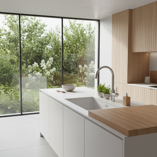 Cozinha moderna minimalista com ilha central branca, torneira de bica alta e vista ampla para jardim através de vidraça.